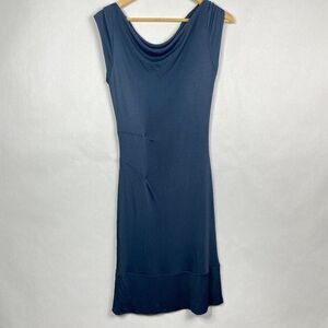 Paul Hardy  Cowl Neck Short Sleeve Midi Sheath Fitted Dress  Navy Blue Medium